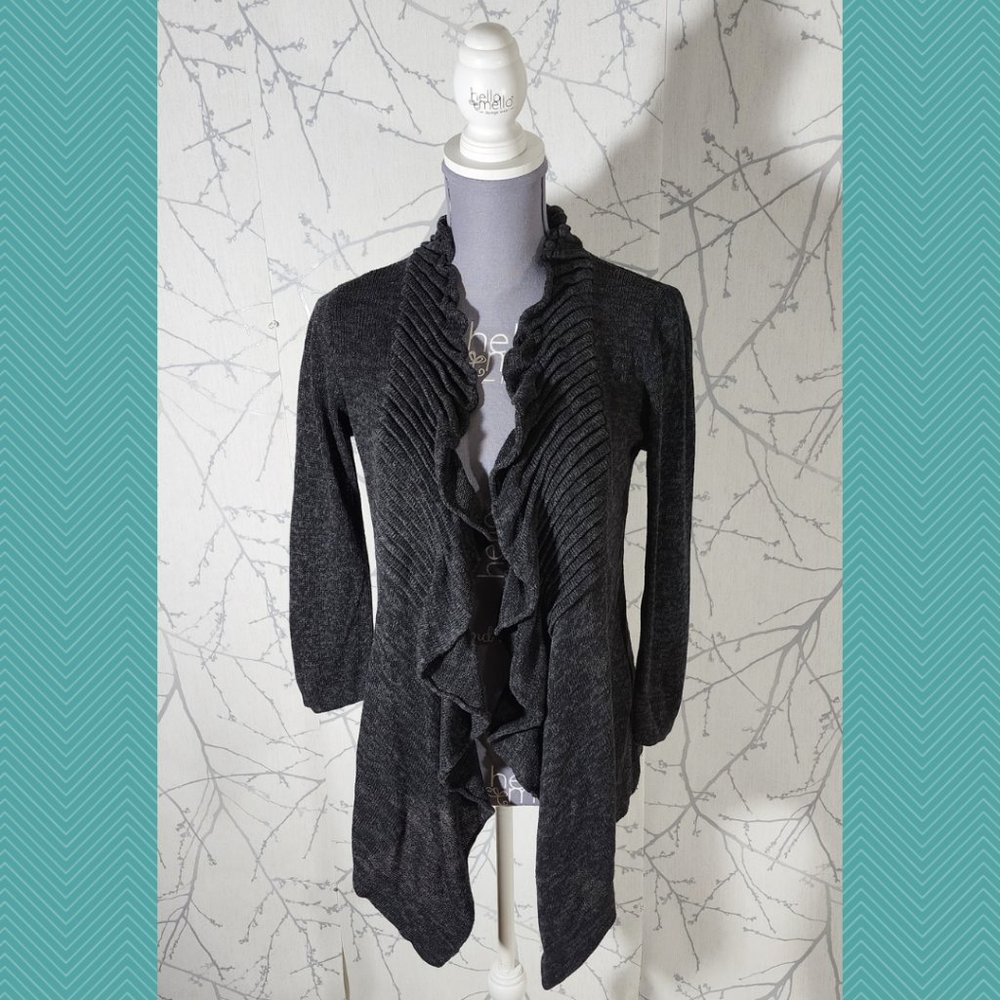 by Line Heathered Black Cotton Knit Ribbed Ruffle Front Cardigan